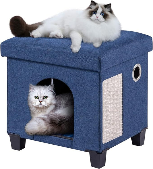 BRIAN & DANY Foldable Cat House, Cat Cave, Cat Cube with Scratch Board & Ball, 14.7" x 14.1” x 12.7”, Blue