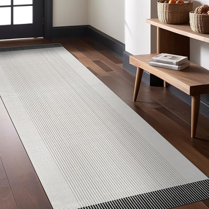 Modern Micro Loop Indoor Runner Rugs for Living Room Bedroom Kitchen Geometric Striped Black-White 2x7 Luxury Durable Low and High Pile Non-Shedding Stain Resistant Soft Area Carpet 2 x 7