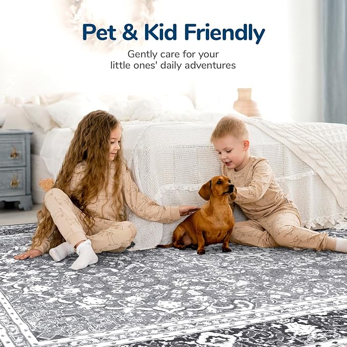 Lessymo 3 x 5 Area Rugs for Living Room- Machine Washable Area Rugs Boho Faux Wool Low Pile Area Rug for Bedroom Floral Medallion Vintage Rugs with Non-Slip Rubber, Kid & Pet Friendly,Grey White