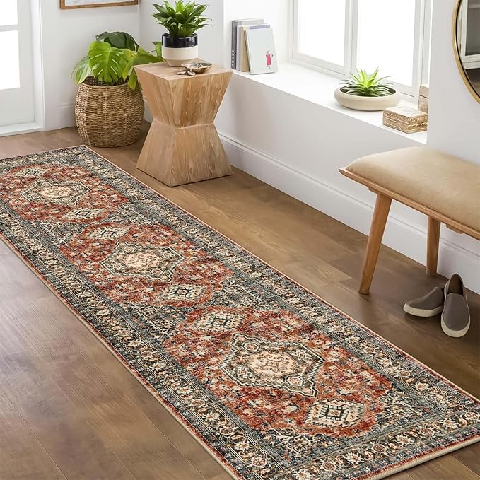 Lahome Oriental Hallway Runner Rug Non Slip, 2x8 Washable Runners for Hallways Kitchen, Vintage Non Skid Soft Long Carpet for Bedroom Bathroom Entryway, Brick Red