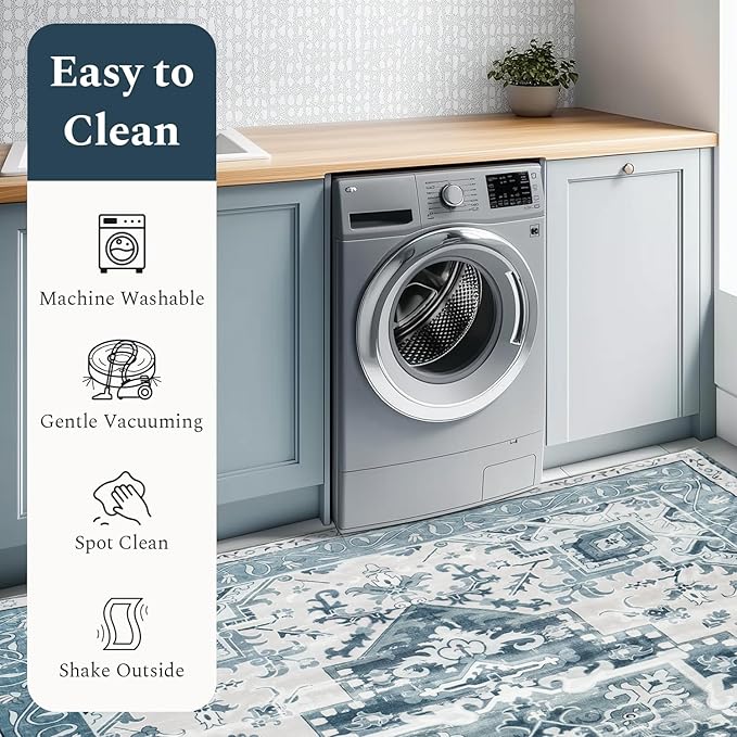 Rugflix 8x10 Area Rug for Living Room, Machine Washable Area Rugs with Non-Slip Backing, Large Soft Boho Vintage Rug for Bedroom, Dining Room, Traditional Thick Carpet, Kids Pet Friendly, Blue