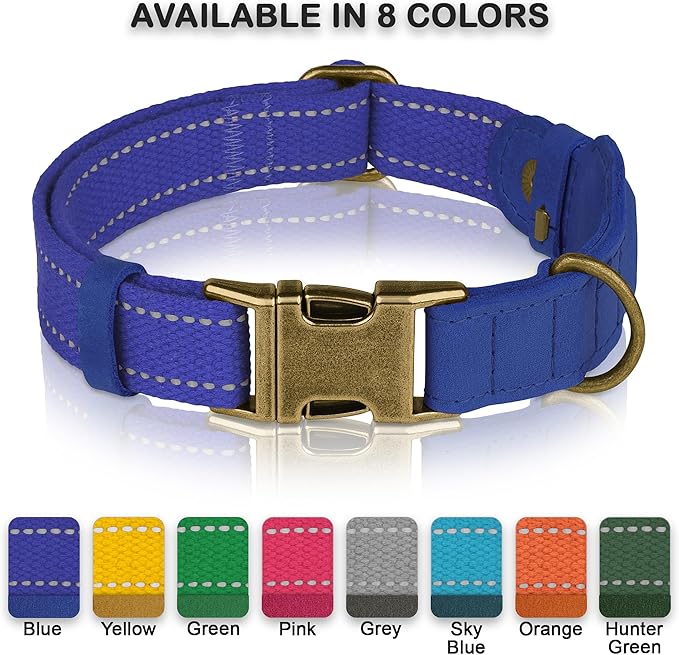 Reflective Leather Dog Collar with AirTag Holder - Soft Apple Airtag Dog Collar with Metal Buckle - Safety Cotton Pet Collars for Dogs Small Large Dogs Puppy (Blue, L, 17"-21")