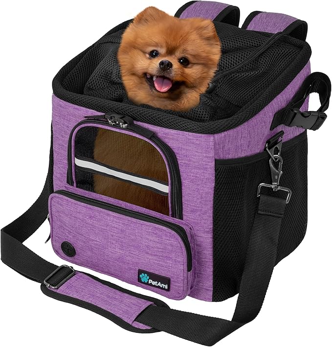 PetAmi Dog Bike Basket, Soft-Sided Ventilated Dog Bike Carrier Backpack, Pet Bicycle Basket for Bike Handlebar, Small Medium Puppy Cat Kitten Car Booster Seat with Safety Strap, Max 18 lbs, Purple