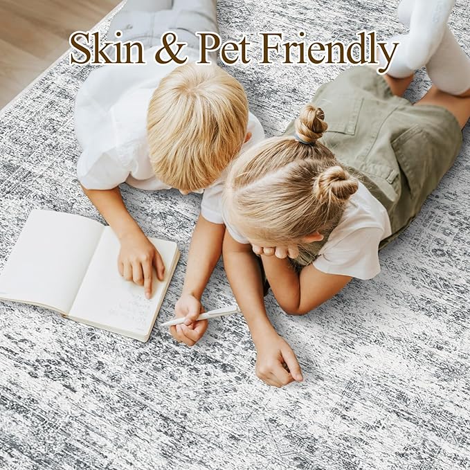 Area Rugs 4x6 for Living Room, Vintage Washable Rugs for Dining Room, Kitchen, Non-Slip Area Rug Grey