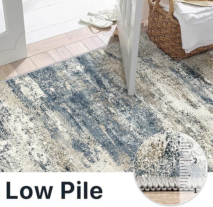 Area Rugs 6x9 for Living Room Bedroom, Modern Abstract Machine Washable Rug, Large Soft Low Pile Floor Carpet with Non Slip Backing for Dining Room, Navy Blue Beige