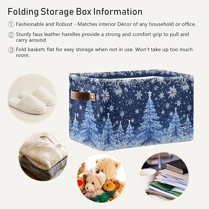 Blue Christmas Tree Storage Basket with Waterproof Liner and PU Handles Sliver Winter Snowflake Xmas Storage Boxes 14.2" Collapsible Decorative Organizer Baskets for Bedroom Closet Office 1 Pack