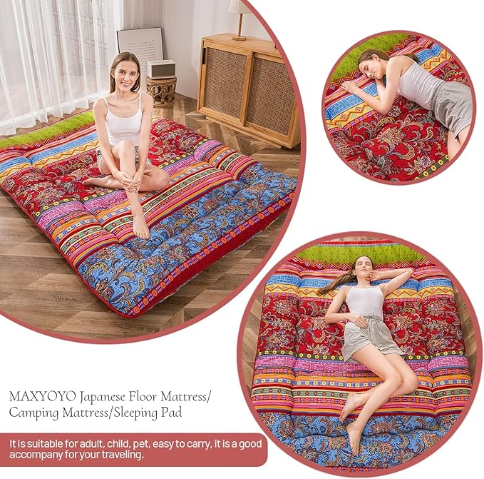 MAXYOYO Bohemian Retro Floor Mattress Vintage Floral Japanese Futon Mattress Roll Up Sleeping Bed King Portable Camping Mattress Floor Lounger Couch Bed Mattress Pad, King