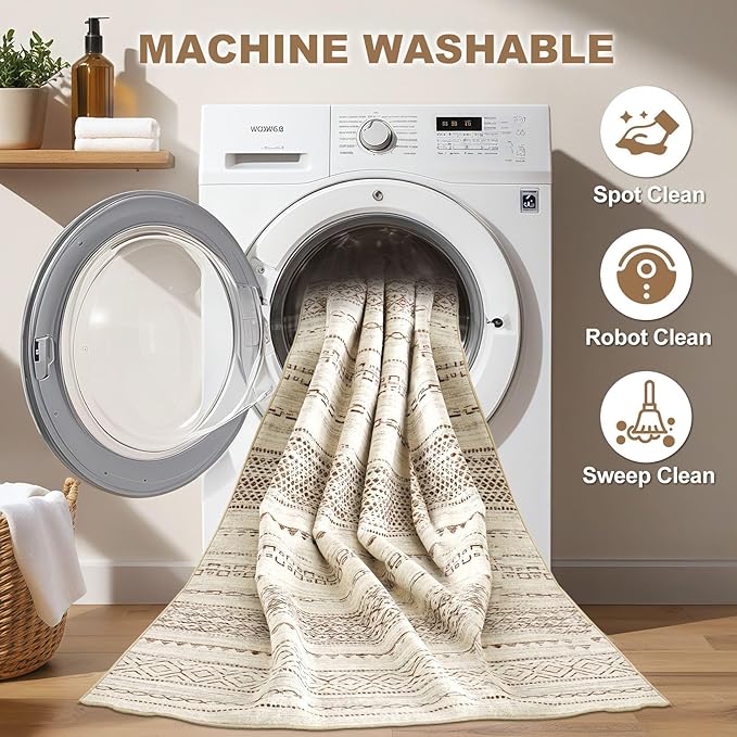 Nakagishi 9x12 Area Rug Living Room: Washable Boho Large Neutral Modern Soft Farmhouse Rugs Stain Resistant Indoor Floor Non-Slip Carpet for Bedroom Nursery Kids Playroom Office Dining Room- Brown