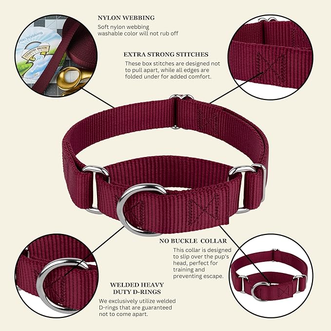 Country Brook Petz - Martingale Dog Collar - Heavy-Duty Training Collar with No Buckle - Service Dog Collar for All Pups - 10+ Warm Colors (Burgundy, 3/8 Inch, 2XS)