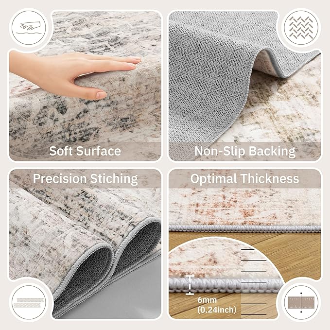 Area Rugs 5x7 for Living Room, Floral Washable Rugs for Dining Room, Bedroom, Kitchen, Vintage Non-Slip Thin Area Rug Taupe