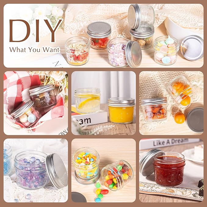 Amzcku 4 oz Glass Mason Jars with Regular Mouth Lids - 24-Pack Glass Canning Jars for Storage, Overnight Oats, Jam, Jelly, Honey, Beans, Spices, Wedding Favors, Shower Favors