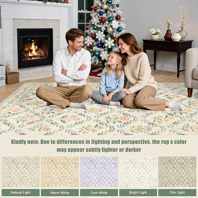 6x9 Area Rugs for Living Room: Floral Washable Rug Vintage Large Soft Boho Non-Slip Carpet Indoor Stain Resistant Thin Carpets for Bedroom Dining Room Farmhouse Nursery Hallway Home Office Beige/Multi