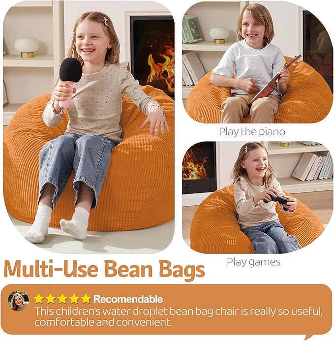 Homguava 2FT Bean Bag Chair,Teardrop Bean Bags Small Beanbag Chair with Memory Foam Filled and Ultra Soft Corduroy Cover for Living Room, Bedroom(Orange)