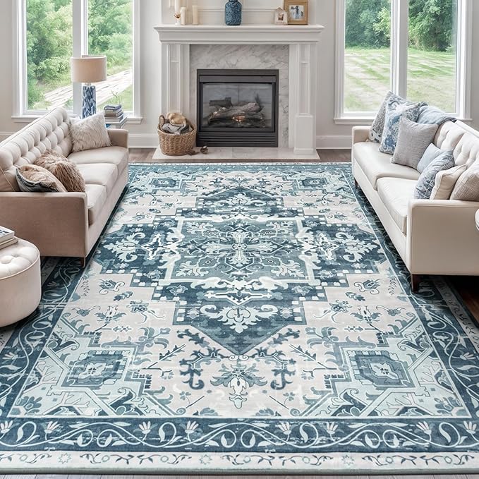 Rugflix 8x10 Area Rug for Living Room, Machine Washable Area Rugs with Non-Slip Backing, Large Soft Boho Vintage Rug for Bedroom, Dining Room, Traditional Thick Carpet, Kids Pet Friendly, Blue