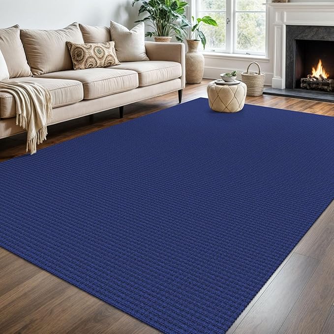 KOZYFLY Washable Area Rug 6x9 ft Rubber Backed Non Slip Rugs for Living Room Braided Cotton Bedroom Rug Woven Office Rugs Indoor Floor Carpets for Dining Bedroom Living Room, Royal Blue/Navy