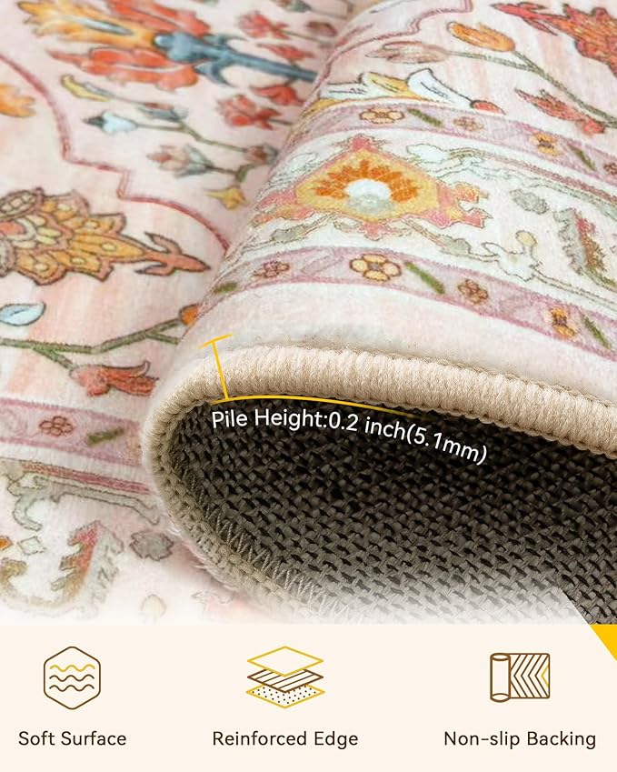 Area Rugs Square 10ft Washable Non-Slip, Floral Vintage Distress Print Pattern Medallion Carpet for Living Room Bedroom Dining Room, Light Pink Colorful