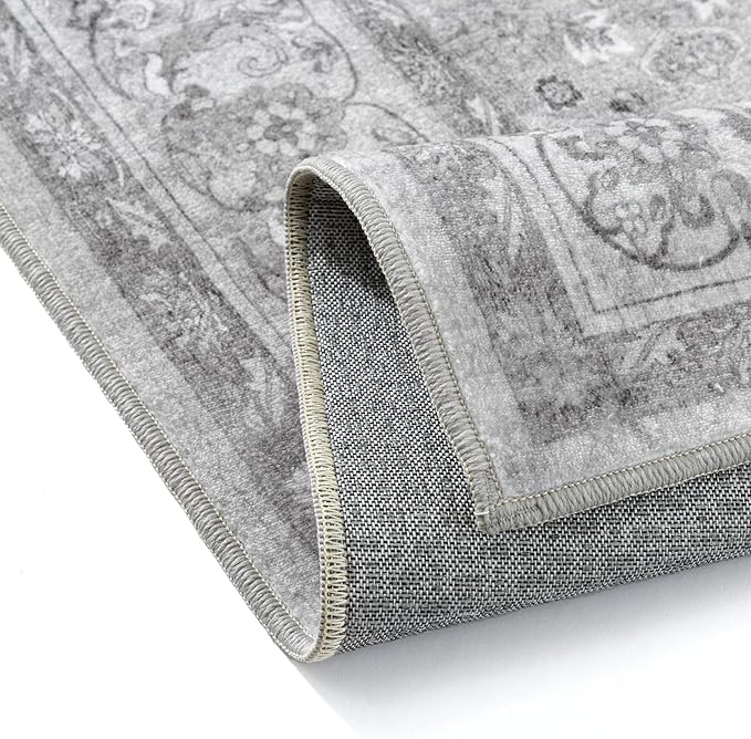 Gray 5x7 Area Rug Washable Vintage Living Room Carpet Bedroom Indoor Non Slip Soft Low Pile Thin Stain Resistant Distressed Accent Throw Rug for Dining Office Nursery