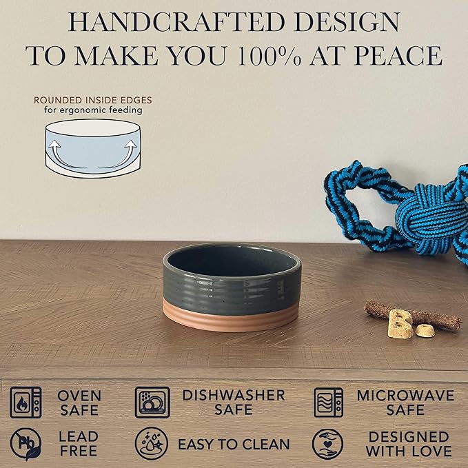 Mora Ceramic Pet Bowl Size Small - Food/Water Dish for Puppy Dogs, Cats, Guinea Pig, Rabbit, Hamster, Snake, ect. 11oz or 2 Cups - Basic Bowls for Your Dog or Cat, Mix and Match for a Set - Charcoal