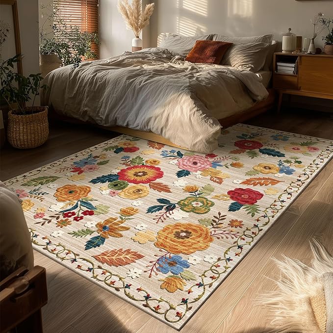 4x6 Bedroom Area Rug Washable: Entry Throw Rug Stain Resistant Boho Rug Non Slip Low Pile Small Carpet for Bedroom Kitchen Entryway Living Room Bedside Office Dorm Kids Room Entrance
