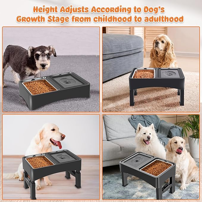 Decflow 2-in-1 Elevated Dog Bowls, 4 Height Adjustable Raised Dog Bowls with Stainless Steel & No Spill Water Bowl, DIY Stickers Foldable Pet Bowl for Medium Large Dogs(Not Included Slow Food Bowl)