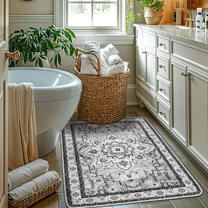LBRO2M Boho Rug for Entryway Indoor Washable Rugs 3X5 Front Door Carpet Gray Non Slip Throw Rug, Small Rug for Bathroom Kitchen Rugs Pet Friendly Area Rugs Low Piles (3'X5' Gray)