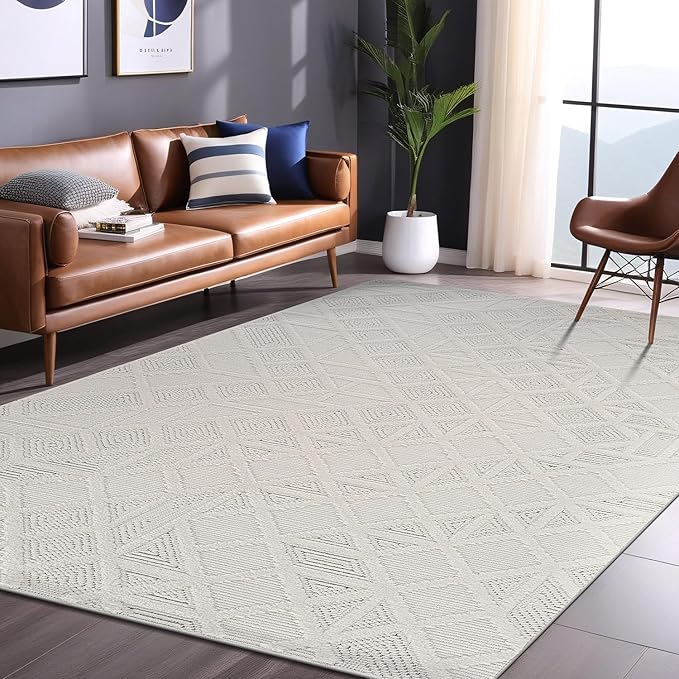 Modern Micro Loop Indoor Area Rugs for Living Room Bedroom Kitchen Geometric Square White 5x7 Luxury Durable Low and High Pile Non-Shedding Stain Resistant Soft Area Carpet 5 x 7