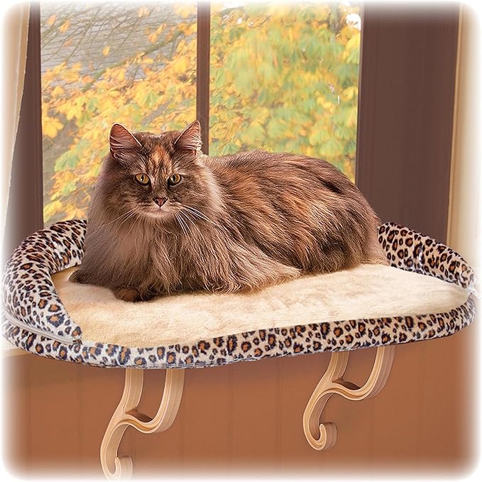 K&H Pet Products Bolster Kitty Sill Cat Window Perch Bed for Large Cats, Orthopedic Window Hammock Holds 40 lbs, Washable Cover, Indoor Windowsill Furniture Bed Seat - Tan/Leopard Unheated 14 X 24in