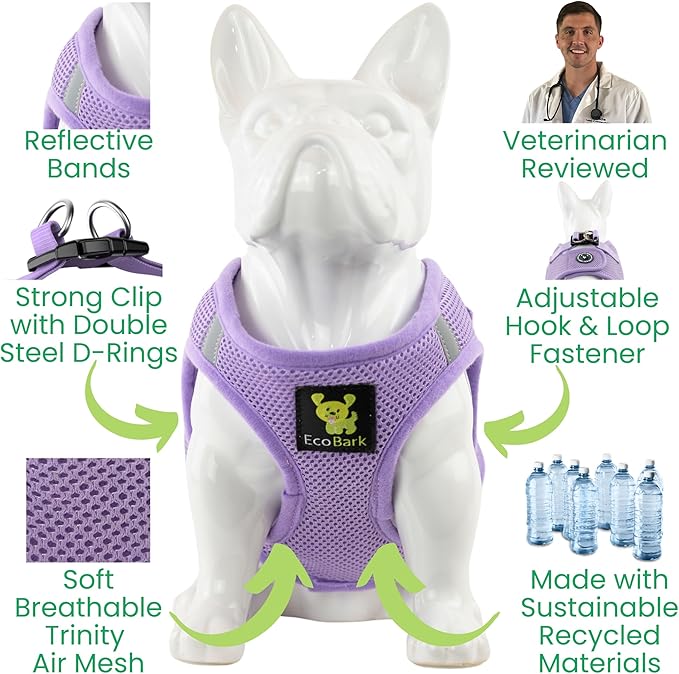 EcoBark Small Dog Harness - Step in Reflective Soft Luxury Mesh Ultra Padded Harness for Puppies, Toy Breeds, and Small Dogs - Comfortable & Secure Halter - Adjustable Pet Vest Wrap (Small, Lavender)