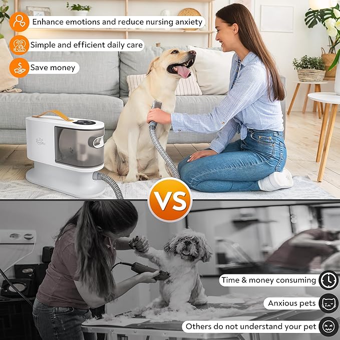 Pet Grooming Vacuum for Dogs & Cats, 12kPa Strong Suction, ≤50dB Quiet, 2L Dust Cup, 5-in-1 Grooming Kit with Ceramic Clippers, 6 Guide Combs, Vacuum for Shedding & Long-Haired Breeds