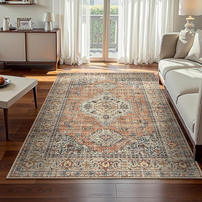 Lahome Oriental Washable Rugs for Living Room, 4x6 Bedroom Area Rug Ultra-Thin Soft Non Slip Stain Resistant Vintage Throw Carpet for ?랳ffice Dining Room, Peach/Orange