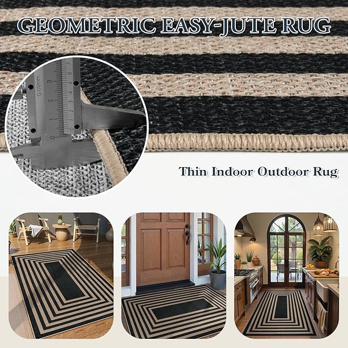 Lahome Modern Geometric Easy Jute Outdoor Rug, 3x5 Black Indoor Outdoor Carpet for Living Room Entryway, Farmhouse Non Slip Non Shedding Washable Area Rug for Patio Courtyard Bedroom