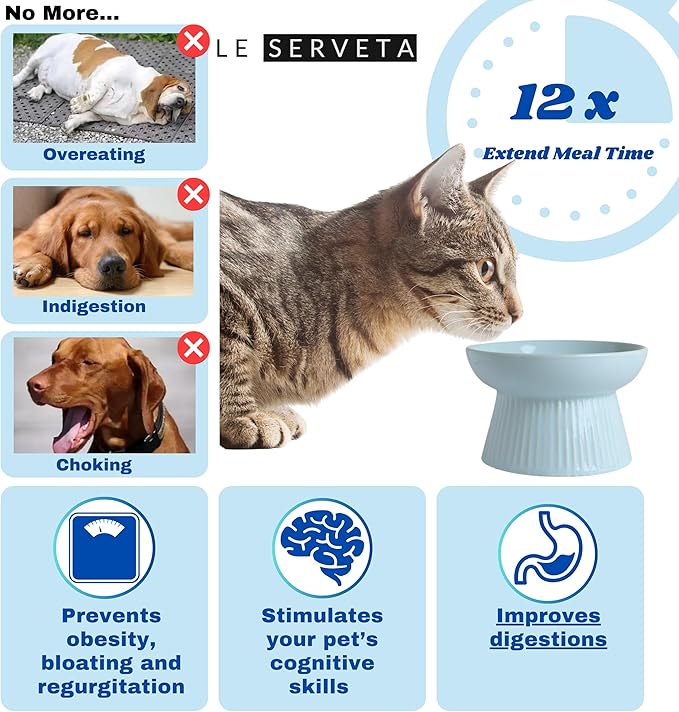 Ceramic Slow Feeder Cat Bowl, Raised Puzzle Feeder, Anti Vomiting Cat Slow Feeder, Elevated Food Bowl, Whisker Friendly Cat Bowl (Blue)