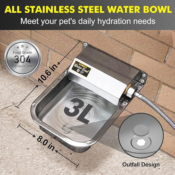 Automatic Water Dispenser for Dogs, Patented 3L Outdoor Dog Drinking Water Bowl, Stainless Steel Waterer Feeder Suitable for Chicken Livestock Animal,Fit 3/4'' GHT Faucet, Wall-Mounted, Easy to Clean