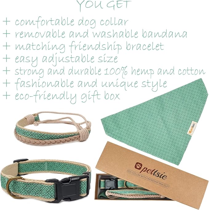 Pettsie Dog Bandana Collar with Matching Friendship Bracelet – Adjustable, Durable Hemp & Soft Cotton, Stylish & Comfortable Pet Bandana, Designed for Dog Lovers, Large, Green