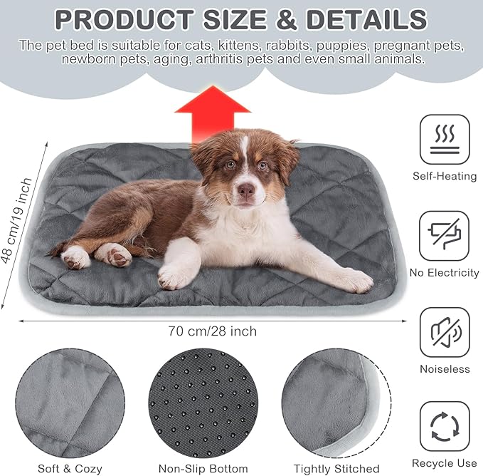 2 Pack Self Heating Cat Mat Self Warming Pet Pads Washable Kennel Mat Dog Crate Pad Reflects Body Heat Non Skid Cat Thermal Pads for Puppy Indoor Outdoor(Gray,19 x 28 Inches)