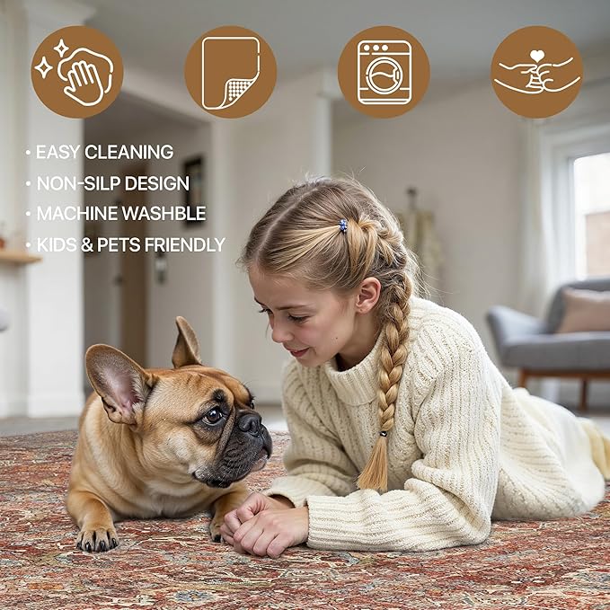 2x7 Runners Machine Washable Boho Rug Runners for Hallway,Ultra-Thin Low Pile Rug,Lightweight Carpet,Non Slip Floral Runners for Enrtyway, Corridor, Home Office, Kitchen,Terracotta/Indigo