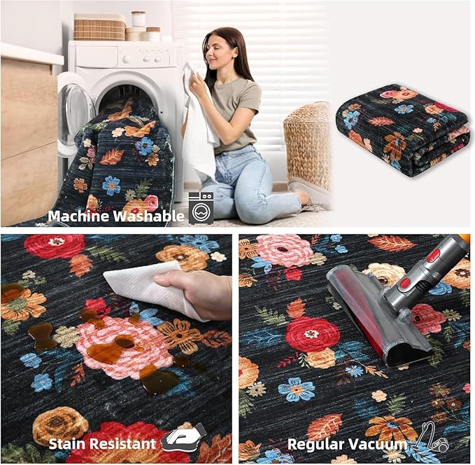 3x5 Boho Area Rugs for Bedroom: Washable Rug Stain Resistant Floral Rug Non Slip Low Pile Soft Small Carpet for Entryway Living Room Bedside Kitchen Office Dorm Entrance