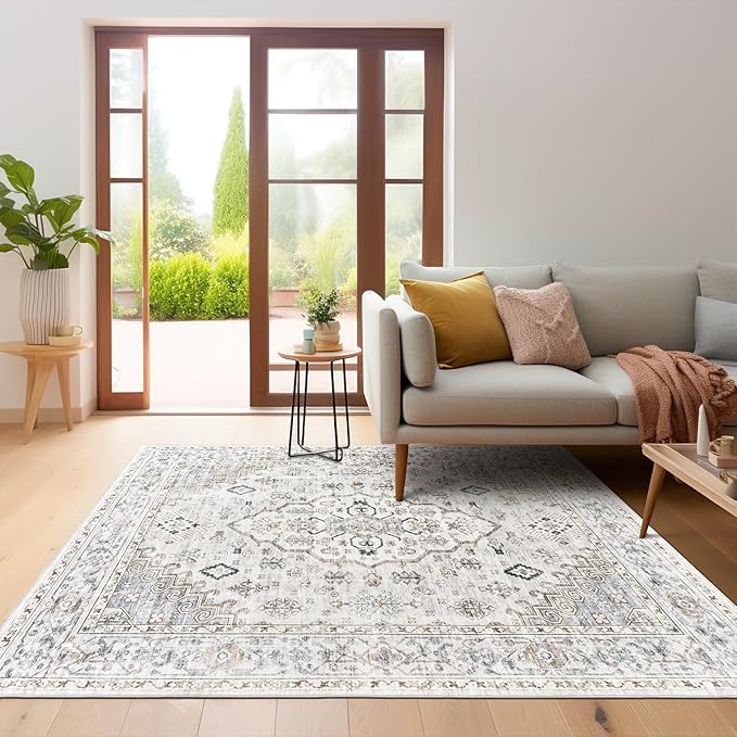 5x7 Area Rugs for Living Rooms, Stain Resistant Neutral Washable Rugs for Dining Rooms, Floral Vintage Non-Slip Thin Large Size Area Rug(Light Grey)