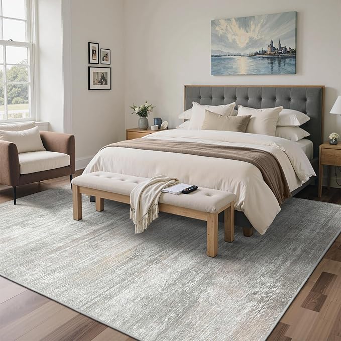 Area Rugs 5x7 for Living Room Bedroom, Modern Abstract Machine Washable Rug, Large Soft Low Pile Floor Carpet with Non Slip Backing for Dining Room, Light Grey/Beige
