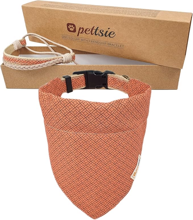 Pettsie Dog Bandana Collar with Matching Friendship Bracelet – Adjustable, Durable Hemp & Soft Cotton, Stylish & Comfortable Pet Bandana, Designed for Dog Lovers, Small, Orange