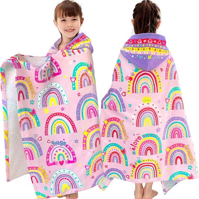 VOOVA & MOVAS Hooded Towels for Kid 3-8Years, 30''X50, Soft | Thick | 100% Cotton | Absorbent Towel Wrap for Girls, Perfect for Toddler Beach, Pool, Bath, Swimming,Rainbow
