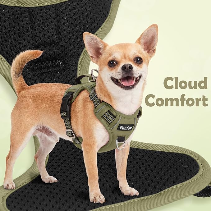 Funfox Dog Harness No Pull, Adjustable Pet Vest Harness, Super Soft Material with Vertical Handle Easy Control, Reflective Night Walking, 2 Leash Clips for Large Dogs, Army Green, L