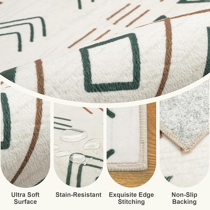 8x10 Area Rugs Living Room Rug: Washable Rug Neutral Lagre Soft Thin Carpet Indoor Floor Non Slip Boho Geometric Moroccan Carpets for Bedroom Dining Room Farmhouse Nursery Office - Brown Green