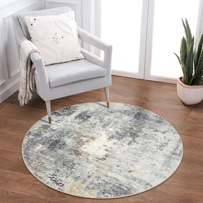Lahome Modern Abstract Round Rug - 3Ft Small Washable Kitchen Round Area Rug Bedroom 3x3 Circle Mat, Soft Low Pile Non Slip Indoor Throw Carpet for Cabinet Bathroom Home Office, Grey