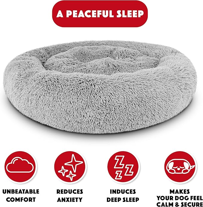 The Dog’s Bed Calming Plush Donut Dog Bed, Replaceable Zip Cover, Silver Grey Fur, Large