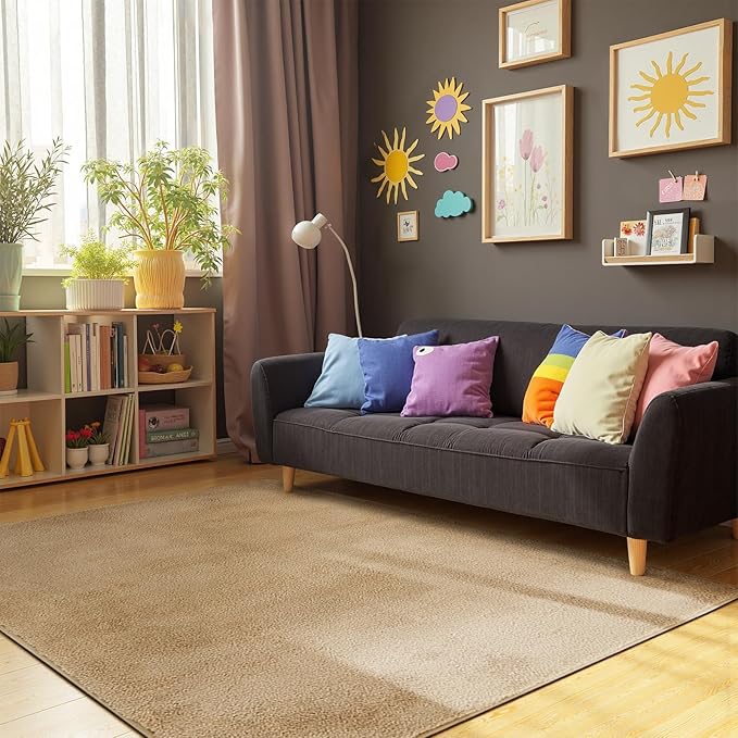 jinchan Solid Plush Area Rug 4x6 Performance Shaggy Washable Rug Indoor Soft Modern Faux Wool Cozy Non Slip Carpet for Living Room Kids Room Bedroom Dining Room Nursery Tan