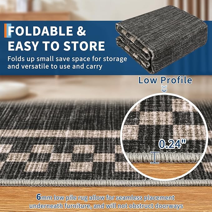 Rug Runners for Hallways 2x8 Washable Kitchen Runner Rug Non Slip Low Pile Bedside Throw Carpet Modern Bordered Bathroom Runners Checkered Area Rug for Living Room Bedroom Entryway Nursery, Black