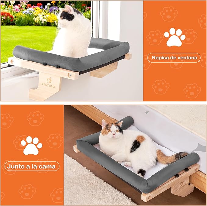 Cat Window Bed, Sturdy Window Mounted Cat Window Hammock, Solid Wooden Window Perch for Indoor Cats