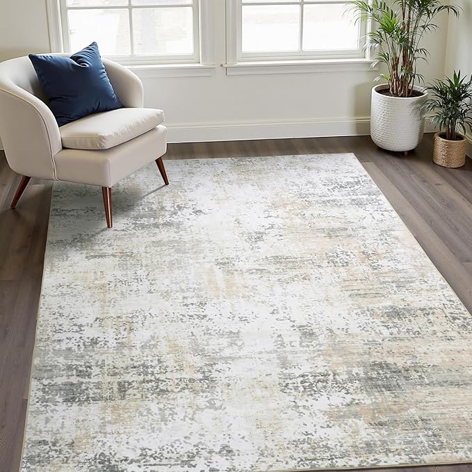 6x9 Abstract Rugs for Bedroom, Neutral Area Rug with Non-Slip Rubber Backing, Machine Washable Modern Carpet for Living Room Dorm Office Decor, Soft Low Pile Stain Resistant Cream Beige