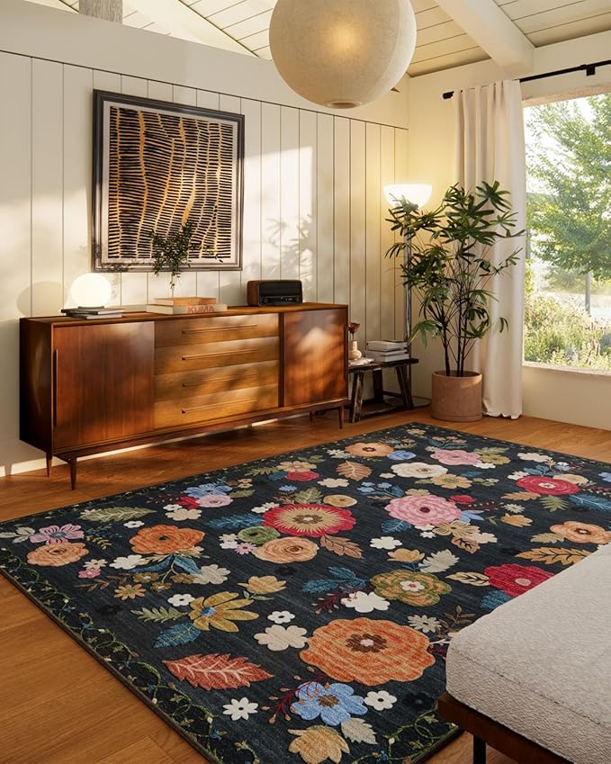 8x10 Area Rugs for Living Room: Washable Rug Stain Resistant Distressed Vintage Floral Rug Non Slip Low Pile Faux Wool Soft Large Area Rugs for Bedroom Bedside Farmhouse Dining Room Kitchen Nursery